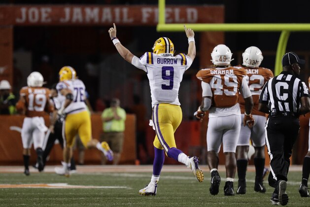 LSU quarterback Joe Burrow (9) celebrates after connecting with wide receiver Justin Jefferson for a touchdown against Texas during the second half of an NCAA college football game Saturday, Sept. 7, 2019, in Austin, Texas. (AP Photo/Eric Gay)