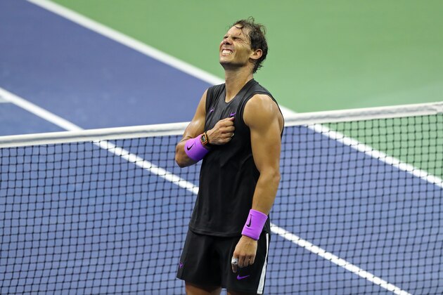 NEW YORK, NEW YORK - SEPTEMBER 08: Rafael Nadal of Spain celebrates after winning his Men's Singles final match against Daniil Medvedev of Russia on day fourteen of the 2019 US Open at the USTA Billie Jean King National Tennis Center on September 08, 2019 in the Queens borough of New York City. (Photo by Elsa/Getty Images)