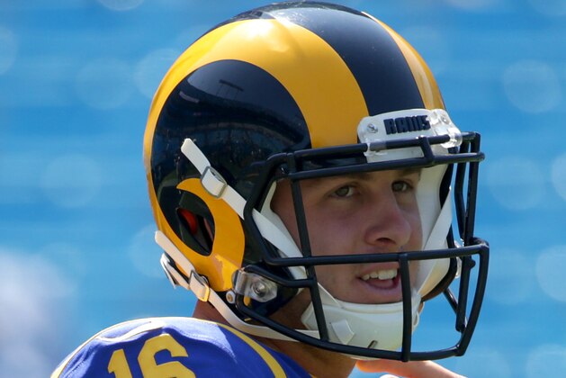CHARLOTTE, NORTH CAROLINA - SEPTEMBER 08: Jared Goff #16 of the Los Angeles Rams warms up ahead of their game against the Carolina Panthers at Bank of America Stadium on September 08, 2019 in Charlotte, North Carolina. (Photo by Streeter Lecka/Getty Images)
