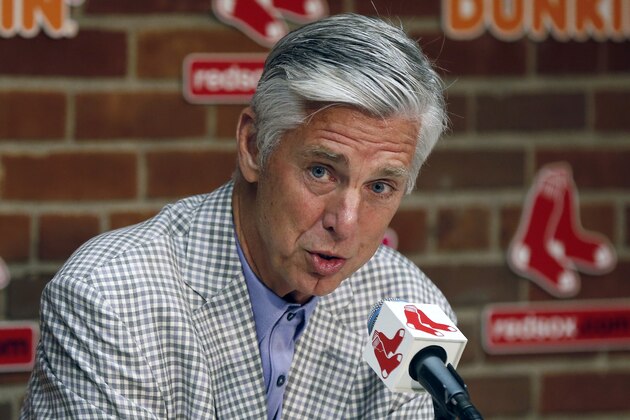 Boston Red Sox President of Baseball Operations Dave Dombrowski speaks during a news conference before a baseball game against the Los Angeles Dodgers in Boston, Saturday, July 13, 2019. (AP Photo/Michael Dwyer)