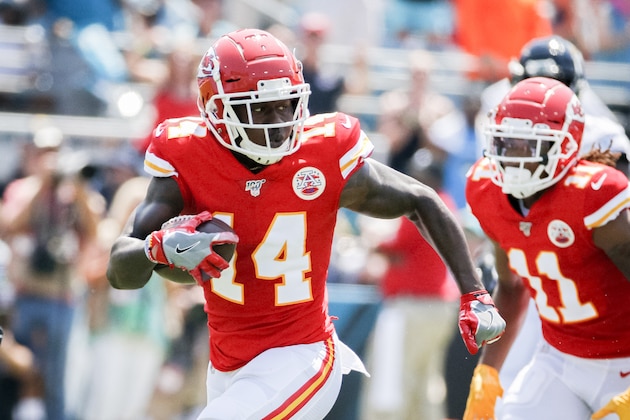 Kansas City Chiefs wide receiver Sammy Watkins (14) runs for a touchdown during the first half of an NFL football game Jacksonville Jaguars, Sunday, Sept. 8, 2019, in Jacksonville, Fla. (AP Photo/Stephen B. Morton)