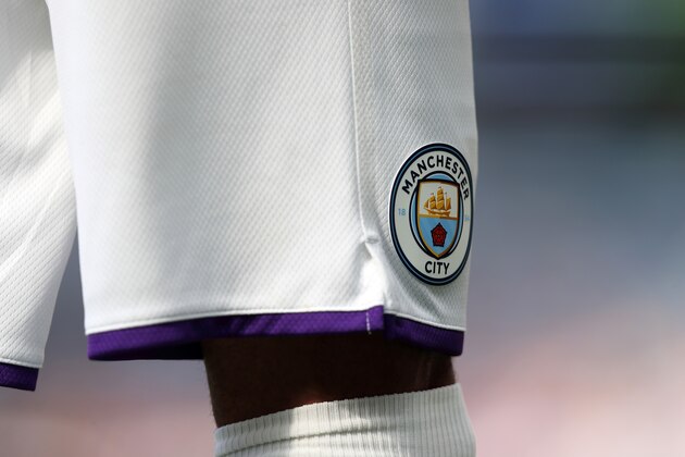 MANCHESTER, ENGLAND - AUGUST 31: A general view of a Manchester City player with the badge on white shorts during the Premier League match between Manchester City and Brighton & Hove Albion at Etihad Stadium on August 31, 2019 in Manchester, United Kingdom. (Photo by Matthew Ashton - AMA/Getty Images)