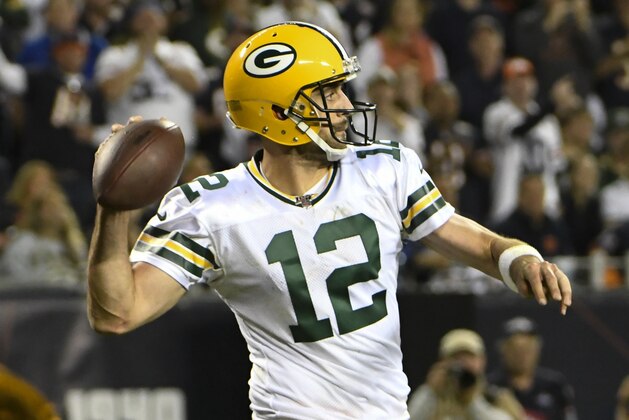 Green Bay Packers' Aaron Rodgers throws during the second half of an NFL football game against the Chicago Bears Thursday, Sept. 5, 2019, in Chicago. (AP Photo/David Banks)