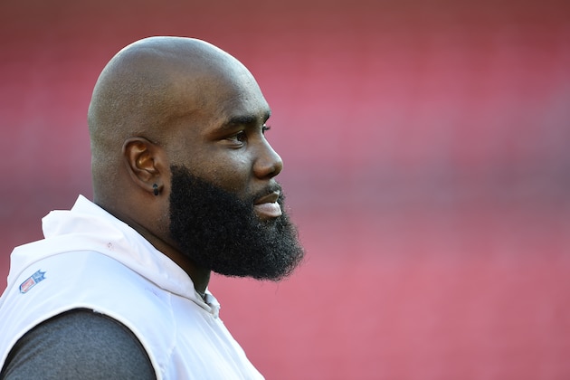 LANDOVER, MD - AUGUST 29: Morgan Moses #76 of the Washington Redskins looks on before a preseason game against the Baltimore Ravens at FedExField on August 29, 2019 in Landover, Maryland. (Photo by Patrick McDermott/Getty Images)
