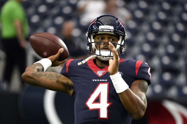 Houston Texans quarterback Deshaun Watson warms up before a preseason NFL football game against the Los Angeles Rams Thursday, Aug. 29, 2019, in Houston. (AP Photo/Eric Christian Smith)