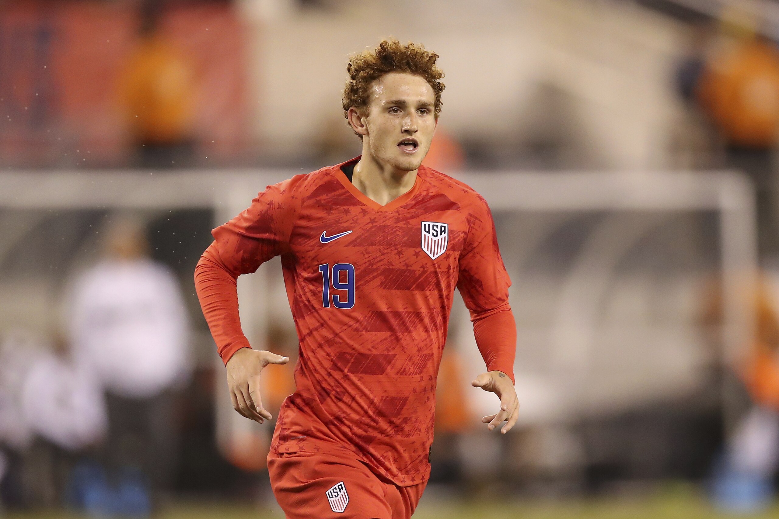 FILE - In this Sept. 6, 2019, file photo, United States forward Josh Sargent runs up the pitch during an international friendly soccer match against Mexico, in East Rutherford, N.J. Sargent hopes to play for the United States in his hometown during Tuesday's exhibition against Uruguay at Busch Stadium.  (AP Photo/Steve Luciano, File)