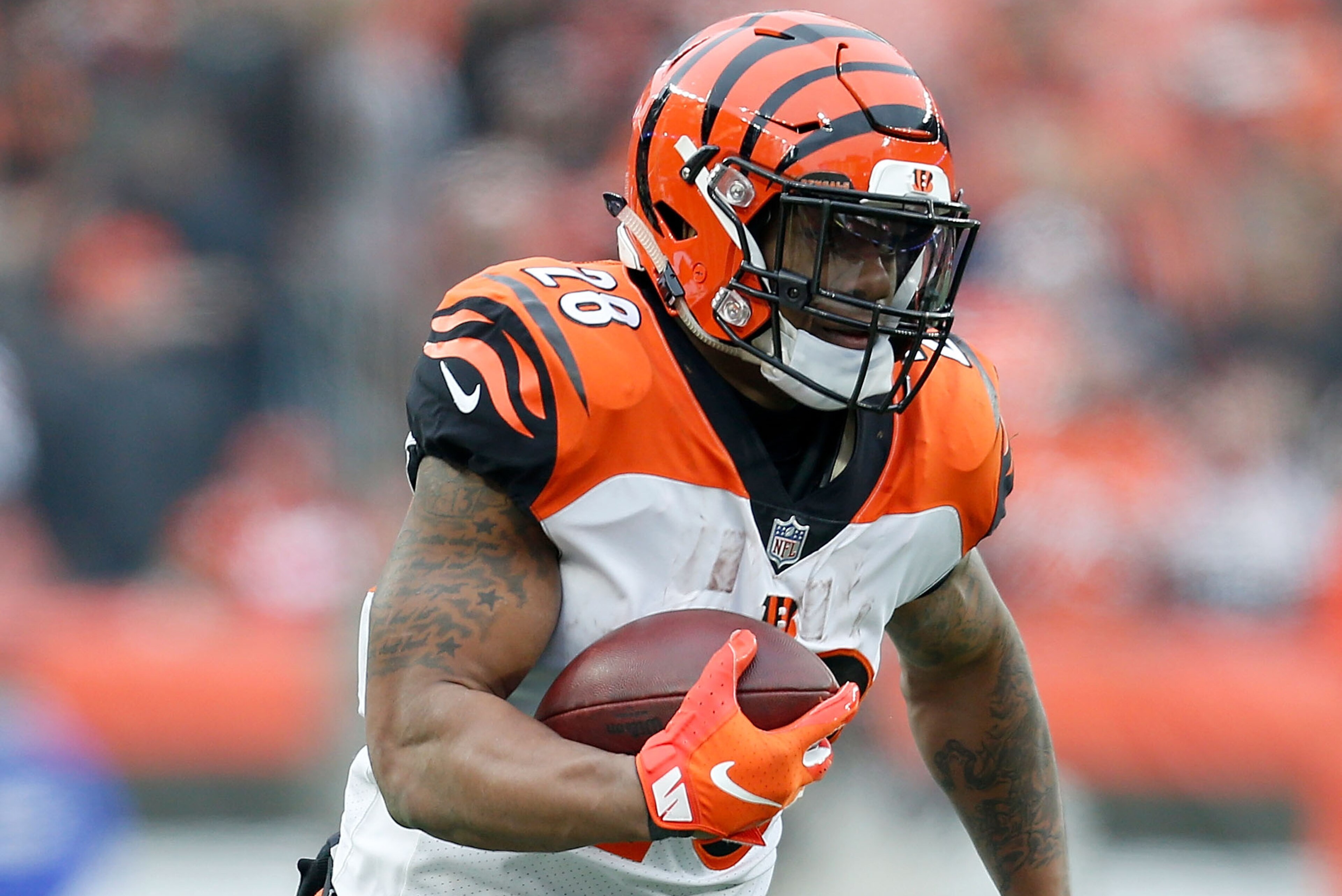 CLEVELAND, OH - DECEMBER 23:  Joe Mixon #28 of the Cincinnati Bengals runs with the ball during the game against the Cleveland Browns at FirstEnergy Stadium on December 23, 2018 in Cleveland, Ohio. (Photo by Kirk Irwin/Getty Images)