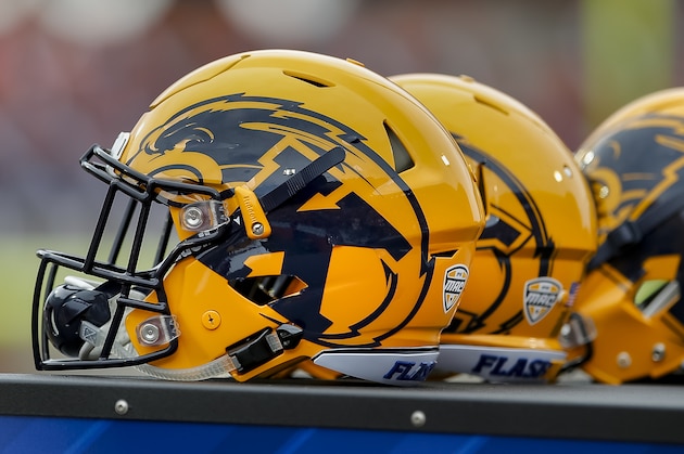 CHAMPAIGN, IL - SEPTEMBER 01: General view of Kent State Golden Flashes helmets seen on the sidelines during the game against the Illinois Fighting Illini at Memorial Stadium on September 1, 2018 in Champaign, Illinois. (Photo by Michael Hickey/Getty Images)