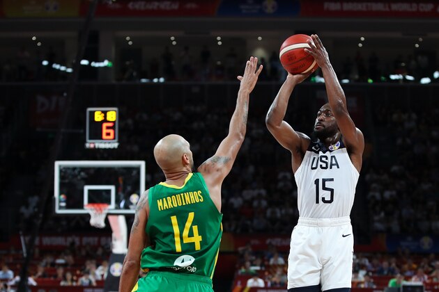 SHENZHEN, CHINA - SEPTEMBER 09: Kemba Walker 15# of USA drives against BMarquinhos Sousa #14 of Brazil during FIBA World Cup 2019 Group K match between USA and Brazil at Shenzhen Bay Sports Centre on September 9, 2019 in Shenzhen, China. (Photo by Lintao Zhang/Getty Images) SHENZHEN, CHINA - SEPTEMBER 09: Kemba Walker 15# of USA drives against BMarquinhos Sousa #14 of Brazil during FIBA World Cup 2019 Group K match between USA and Brazil at Shenzhen Bay Sports Centre on September 9, 2019 in Shenzhen, China. (Photo by Lintao Zhang/Getty Images)