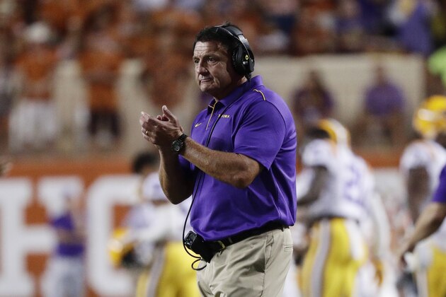 LSU head coach Ed Orgeron during the second half of an NCAA college football game against Texas, Saturday, Sept. 7, 2019, in Austin, Texas. (AP Photo/Eric Gay)