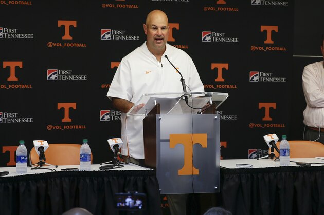 KNOXVILLE, TENNESSEE - AUGUST 31: Head coach Jeremy Pruitt of the Tennessee Volunteers speaks during a press conference after the season opener against the Georgia State Panthers at Neyland Stadium on August 31, 2019 in Knoxville, Tennessee. (Photo by Silas Walker/Getty Images)