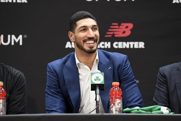 BOSTON, MA - JULY 17: Enes Kanter #11 of the Boston Celtics smiles during the introductory press conference on July 17, 2019 at the Auerbach Center in Boston, Massachusetts. NOTE TO USER: User expressly acknowledges and agrees that, by downloading and/or using this photograph, user is consenting to the terms and conditions of the Getty Images License Agreement. Mandatory Copyright Notice: Copyright 2019 NBAE (Photo by Brian Babineau/NBAE via Getty Images)