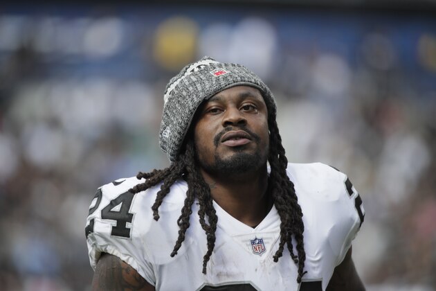 Oakland Raiders running back Marshawn Lynch leaves the field after the first half of an NFL football game against the Los Angeles Chargers Sunday, Oct. 7, 2018, in Carson, Calif. (AP Photo/Jae C. Hong)