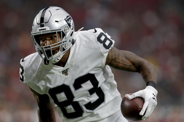 Oakland Raiders tight end Darren Waller (83) runs against the Arizona Cardinals during the first half of an an NFL football game, Thursday, Aug. 15, 2019, in Glendale, Ariz. (AP Photo/Ralph Freso)