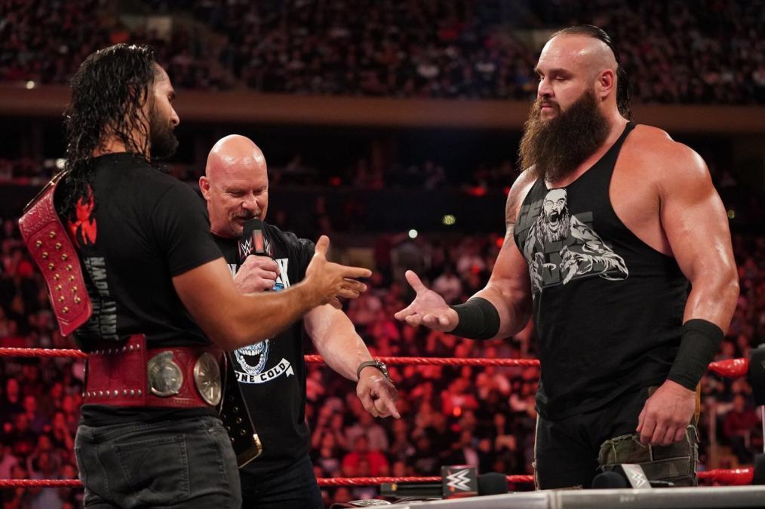 Seth Rollins, Steve Austin and Braun Strowman on Raw. Seth Rollins, Steve Austin and Braun Strowman on Raw.
