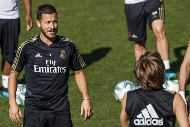MADRID, SPAIN - AUGUST 15: Eden Hazard of Real Madrid looks on during the Real Madrid Training Session on August 15, 2019 in Madrid, Spain. (Photo by TF-Images/Getty Images)