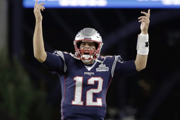New England Patriots quarterback Tom Brady exhorts the crowd as he charges onto the field to warm up before an NFL football game against the Pittsburgh Steelers, Sunday, Sept. 8, 2019, in Foxborough, Mass. (AP Photo/Elise Amendola) New England Patriots quarterback Tom Brady exhorts the crowd as he charges onto the field to warm up before an NFL football game against the Pittsburgh Steelers, Sunday, Sept. 8, 2019, in Foxborough, Mass. (AP Photo/Elise Amendola)