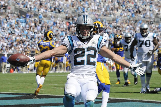 Carolina Panthers running back Christian McCaffrey (22) reacts following a touchdown against the Los Angeles Rams during the second half of an NFL football game in Charlotte, N.C., Sunday, Sept. 8, 2019. (AP Photo/Mike McCarn)