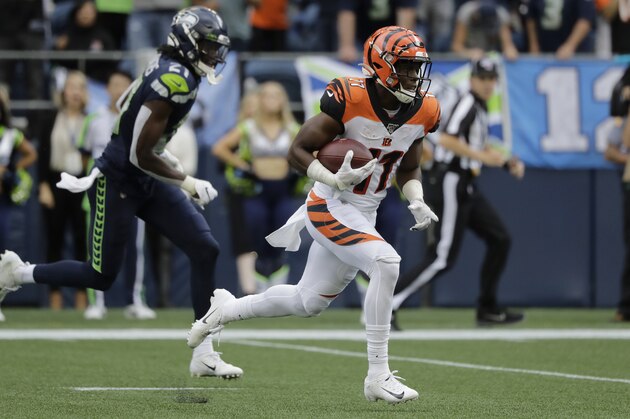 Cincinnati Bengals wide receiver John Ross (11) runs for a touchdown after a reception against the Seattle Seahawks during the first half of an NFL football game Sunday, Sept. 8, 2019, in Seattle. (AP Photo/John Froschauer) Cincinnati Bengals wide receiver John Ross (11) runs for a touchdown after a reception against the Seattle Seahawks during the first half of an NFL football game Sunday, Sept. 8, 2019, in Seattle. (AP Photo/John Froschauer)