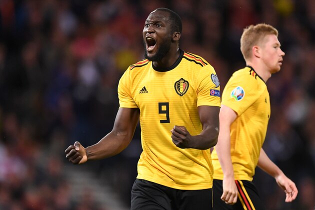 Belgium's striker Romelu Lukaku celebrates scoring the opening goal during the the Euro 2020 football qualification match between Scotland and Belgium at Hampden Park, Glasgow on September 9, 2019. (Photo by ANDY BUCHANAN / AFP)        (Photo credit should read ANDY BUCHANAN/AFP/Getty Images)
