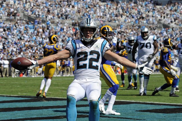 Carolina Panthers running back Christian McCaffrey (22) reacts following a touchdown against the Los Angeles Rams during the second half of an NFL football game in Charlotte, N.C., Sunday, Sept. 8, 2019. (AP Photo/Mike McCarn)