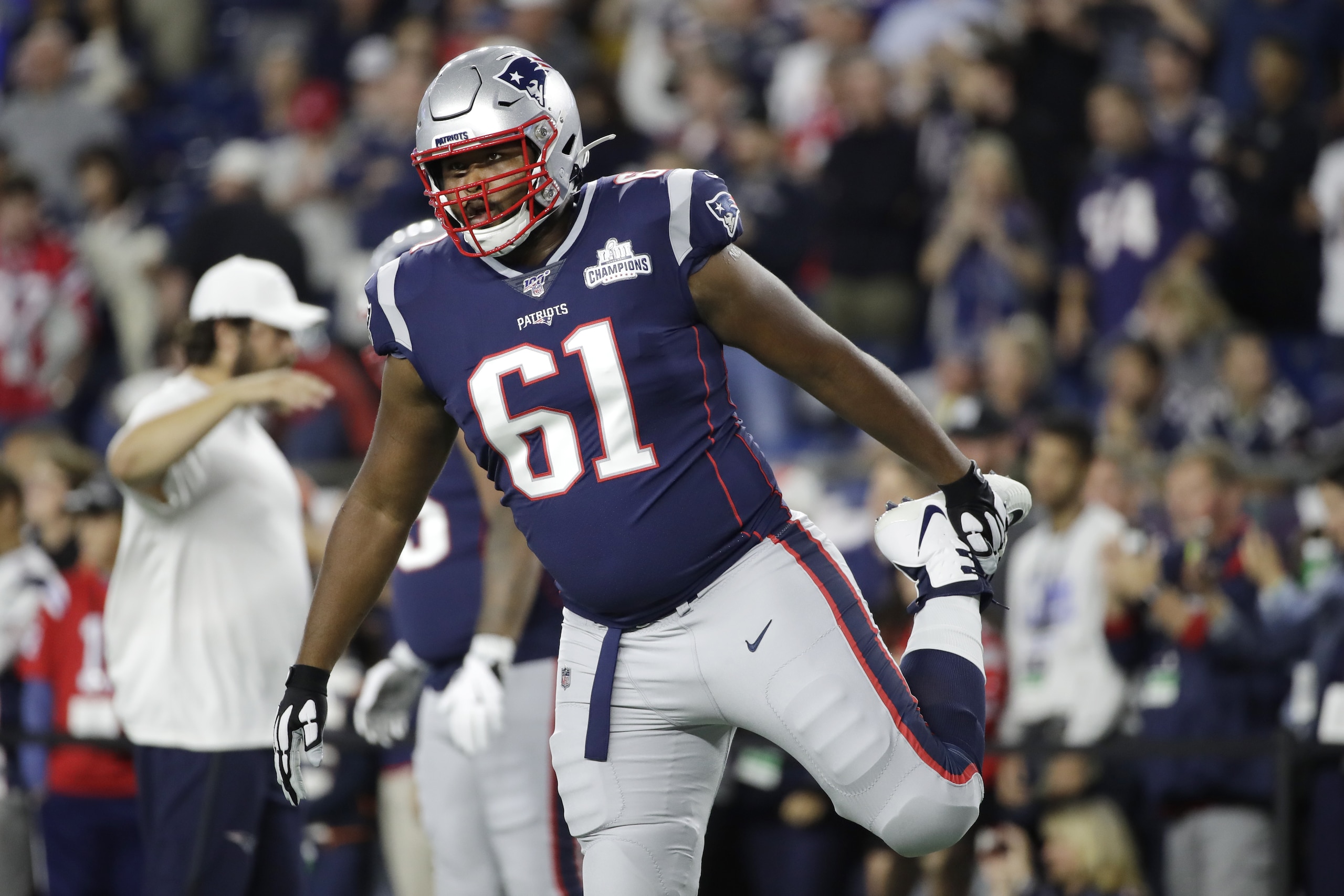 New England Patriots offensive tackle Marcus Cannon warms up before an NFL football game against the Pittsburgh Steelers, Sunday, Sept. 8, 2019, in Foxborough, Mass. (AP Photo/Elise Amendola) New England Patriots offensive tackle Marcus Cannon warms up before an NFL football game against the Pittsburgh Steelers, Sunday, Sept. 8, 2019, in Foxborough, Mass. (AP Photo/Elise Amendola)