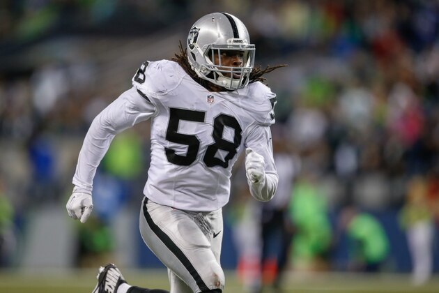 SEATTLE, WA - SEPTEMBER 03:  Linebacker Neiron Ball #58 of the Oakland Raiders in action against the Seattle Seahawks at CenturyLink Field on September 3, 2015 in Seattle, Washington.  (Photo by Otto Greule Jr/Getty Images)