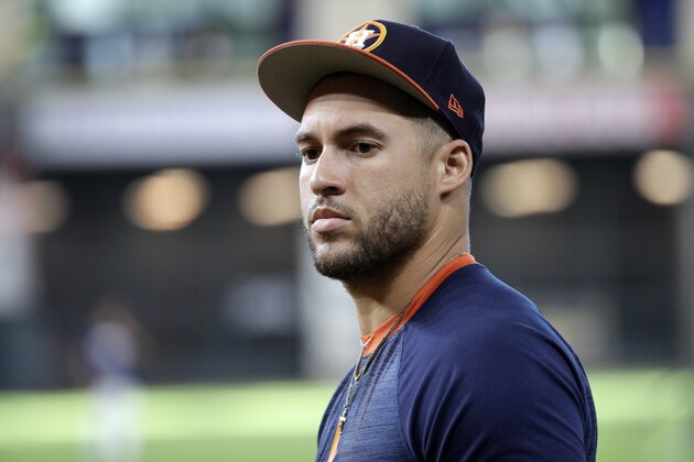 Houston Astros' George Springer watches batting practice before a baseball game against the Seattle Mariners Thursday, Sept. 5, 2019, in Houston. (AP Photo/David J. Phillip)