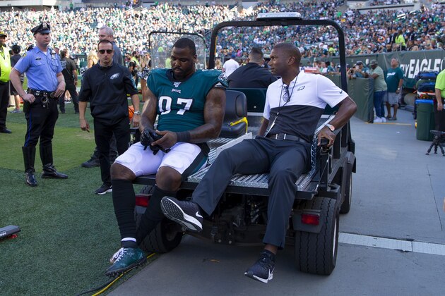 PHILADELPHIA, PA - SEPTEMBER 08: Malik Jackson #97 of the Philadelphia Eagles is carted off into the locker room in the fourth quarter against the Washington Redskins at Lincoln Financial Field on September 8, 2019 in Philadelphia, Pennsylvania. The Eagles defeated the Redskins 32-27. (Photo by Mitchell Leff/Getty Images)