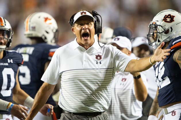 AUBURN, AL - SEPTEMBER 7: Head coach Gus Malzahn of the Auburn Tigers questions a call during the second quarter of their game against the Tulane Green Wave at Jordan-Hare Stadium on September 7, 2019 in Auburn, Alabama. (Photo by Michael Chang/Getty Images)