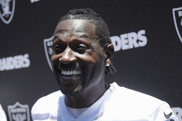 Oakland Raiders wide receiver Antonio Brown speaks to reporters after NFL football practice at the team's headquarters in Alameda, Calif., Tuesday, May 28, 2019. (AP Photo/Jeff Chiu)
