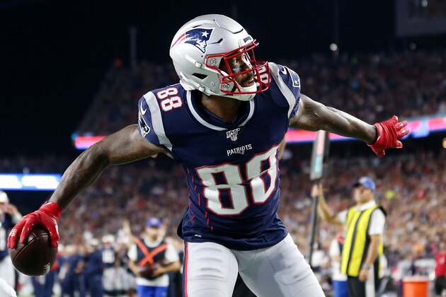 FOXBOROUGH, MASSACHUSETTS - AUGUST 29: Demaryius Thomas #88 of the New England Patriots celebrates after scoring a touchdwon during the preseason game between the New York Giants and the New England Patriots at Gillette Stadium on August 29, 2019 in Foxborough, Massachusetts. (Photo by Maddie Meyer/Getty Images)
