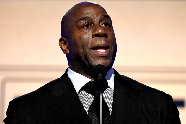 SANTA MONICA, CALIFORNIA - JUNE 24: Magic Johnson accepts a Lifetime Achievement Awards onstage during the 2019 NBA Awards presented by Kia on TNT at Barker Hangar on June 24, 2019 in Santa Monica, California. (Photo by Michael Kovac/Getty Images for Turner Sports)