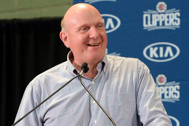 LOS ANGELES, CA - JULY 24: Owner Steve Ballmer of the LA Clippers talks at the LA Clippers Introductory Press Conference at Green Meadows Recreation Center on July 24, 2019 in Los Angeles, California. NOTE TO USER: User expressly acknowledges and agrees that, by downloading and/or using this Photograph, user is consenting to the terms and conditions of the Getty Images License Agreement. Mandatory Copyright Notice: Copyright 2019 NBAE (Photo by Andrew D. Bernstein/NBAE via Getty Images)