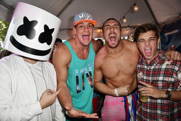 MIAMI, FL - MARCH 23:  Marshmello, New England Patriots tight end Rob Gronkowski, Mojo Rawley, and Martin Garrix attend the SiriusXM Music Lounge at 1 Hotel South Beach on March 23, 2017 in Miami, Florida.  (Photo by Gustavo Caballero/Getty Images for SiriusXM)