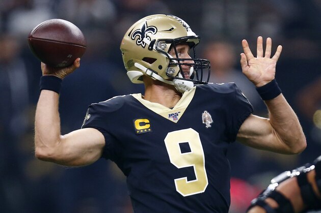 New Orleans Saints quarterback Drew Brees (9) passes in the first half of an NFL football game against the Houston Texans in New Orleans, Monday, Sept. 9, 2019. (AP Photo/Butch Dill)