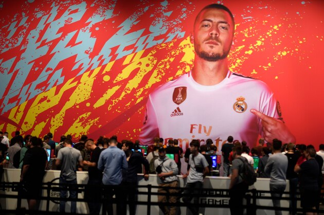 A picture shows Real Madrid's Belgian midfielder Eden Hazard at the booth of the