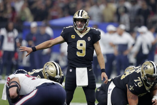 New Orleans Saints quarterback Drew Brees (9) calls out from the line of scrimmage in the first half of an NFL football game against the Houston Texans in New Orleans, Monday, Sept. 9, 2019. (AP Photo/Bill Feig)