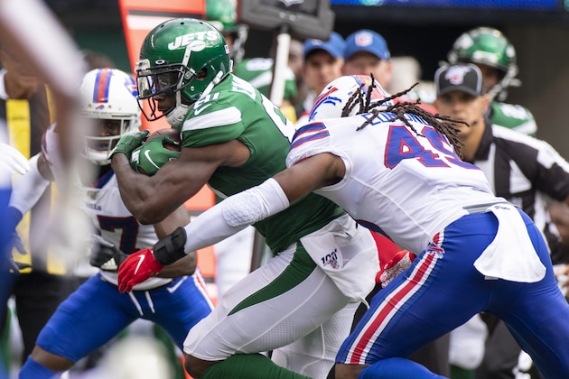 EAST RUTHERFORD, NJ - SEPTEMBER 08: Tremaine Edmunds #49 of the Buffalo Bills pursues Quincy Enunwa #81 of the New York Jets during the third quarter at MetLife Stadium on September 8, 2019 in East Rutherford, New Jersey. Buffalo defeats New York 17-16. (Photo by Brett Carlsen/Getty Images) EAST RUTHERFORD, NJ - SEPTEMBER 08: Tremaine Edmunds #49 of the Buffalo Bills pursues Quincy Enunwa #81 of the New York Jets during the third quarter at MetLife Stadium on September 8, 2019 in East Rutherford, New Jersey. Buffalo defeats New York 17-16. (Photo by Brett Carlsen/Getty Images)