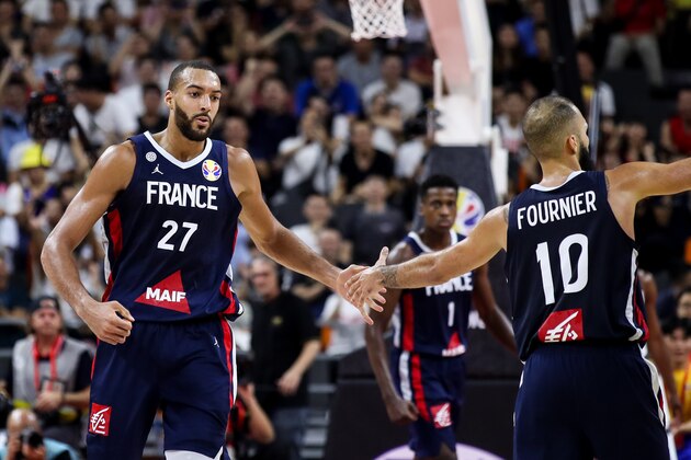 DONGGUAN, CHINA - SEPTEMBER 11: #27 Rudy Gobert of France celebrates a point during the quarter final of 2019 FIBA World Cup between USA and France at Dongguan Basketball Center on September 11, 2019 in Dongguan, China. (Photo by Zhizhao Wu/Getty Images)