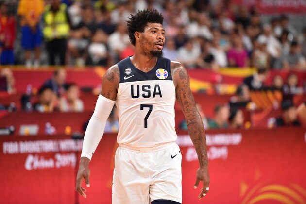 DONGGUAN, CHINA - SEPTEMBER 11: Marcus Smart #7 of USA looks on against France during the 2019 FIBA World Cup Quarter-Finals at the Dongguan Basketball Center on September 11, 2019 in Dongguan, China.  NOTE TO USER: User expressly acknowledges and agrees that, by downloading and/or using this Photograph, user is consenting to the terms and conditions of the Getty Images License Agreement. Mandatory Copyright Notice: Copyright 2019 NBAE (Photo by David Dow/NBAE via Getty Images)