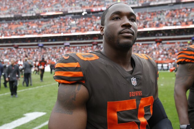 CLEVELAND, OH - OCTOBER 07: Chris Smith #50 and Greg Robinson #78 of the Cleveland Browns walk off the field after the game against the Baltimore Ravens at FirstEnergy Stadium on October 7, 2018 in Cleveland, Ohio. The Browns won 12-9 in overtime. (Photo by Joe Robbins/Getty Images) CLEVELAND, OH - OCTOBER 07: Chris Smith #50 and Greg Robinson #78 of the Cleveland Browns walk off the field after the game against the Baltimore Ravens at FirstEnergy Stadium on October 7, 2018 in Cleveland, Ohio. The Browns won 12-9 in overtime. (Photo by Joe Robbins/Getty Images)