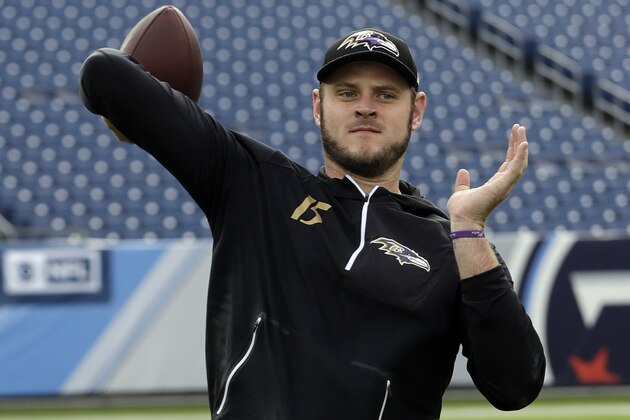 Baltimore Ravens quarterback Ryan Mallett warms up before an NFL football game against the Tennessee Titans Sunday, Nov. 5, 2017, in Nashville, Tenn. (AP Photo/James Kenney)