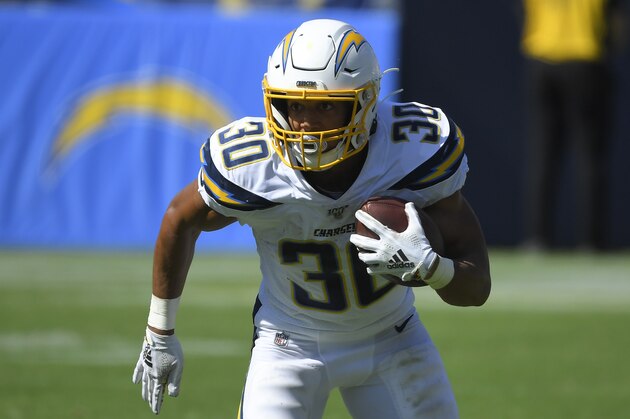 Los Angeles Chargers running back Austin Ekeler plays against the Indianapolis Colts during the second half in an NFL football game Sunday, Sept. 8, 2019, in Carson, Calif. (AP Photo/Mark J. Terrill)