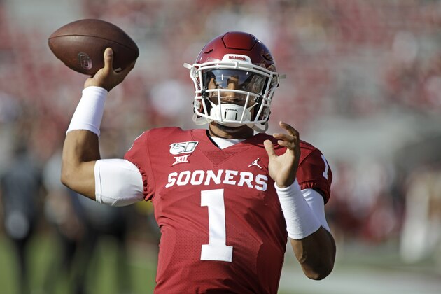 NORMAN, OK - SEPTEMBER 07: Quarterback Jalen Hurts #1 of the Oklahoma Sooners warms up before the game against the South Dakota Coyotes at Gaylord Family Oklahoma Memorial Stadium on September 7, 2019 in Norman, Oklahoma. The Oklahoma Sooners defeated the South Dakota Coyotes 70-14. (Photo by Brett Deering/Getty Images)