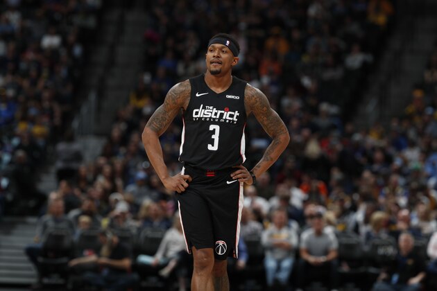 Washington Wizards guard Bradley Beal (3) in the first half of an NBA basketball game Sunday, March 31, 2019, in Denver. (AP Photo/David Zalubowski)