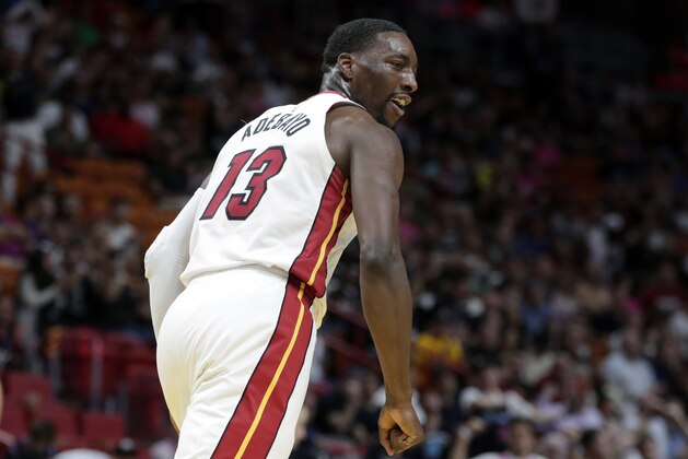 Miami Heat center Bam Adebayo (13) reacts after scoring during the second half of an NBA basketball game against the Toronto Raptors, Sunday, March 10, 2019, in Miami. The Raptors won 125-104. (AP Photo/Lynne Sladky)