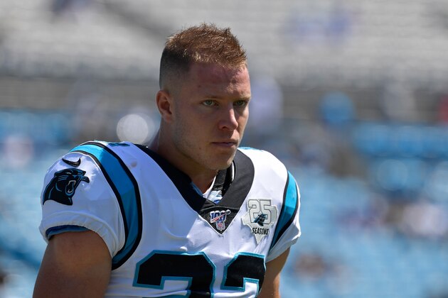CHARLOTTE, NORTH CAROLINA - SEPTEMBER 08:  Christian McCaffrey #22 of the Carolina Panthers looks on during their game against the Los Angeles Rams at Bank of America Stadium on September 08, 2019 in Charlotte, North Carolina. The Rams won 30-23,. (Photo by Grant Halverson/Getty Images)