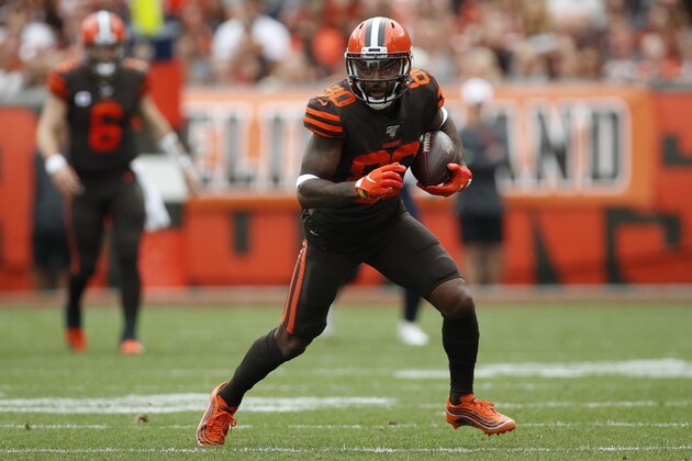 Cleveland Browns wide receiver Jarvis Landry (80) runs with the ball after a catch against the Tennessee Titans during an NFL football game, Sunday, Sept. 8, 2019, in Cleveland. (Jeff Haynes/AP Images for Panini)