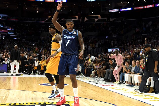 LOS ANGELES, CALIFORNIA - SEPTEMBER 01:  Joe Johnson #1 of the Triplets reacts after making the final basket to win the BIG3 Championship over the Killer 3s at Staples Center on September 01, 2019 in Los Angeles, California. (Photo by Harry How/BIG3 via Getty Images)
